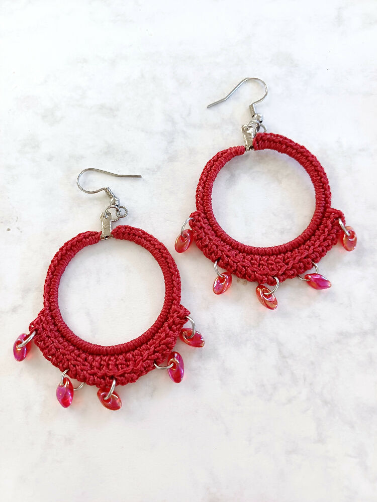 Beaded Hoop Earrings in Red