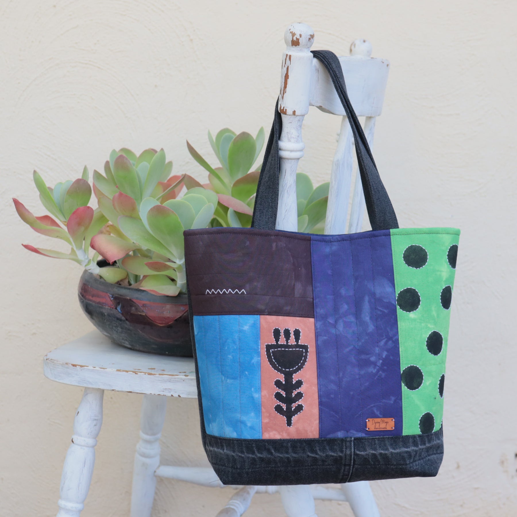 Tote Bag, Hand Dyed with upcycled denim and stenciled motifs