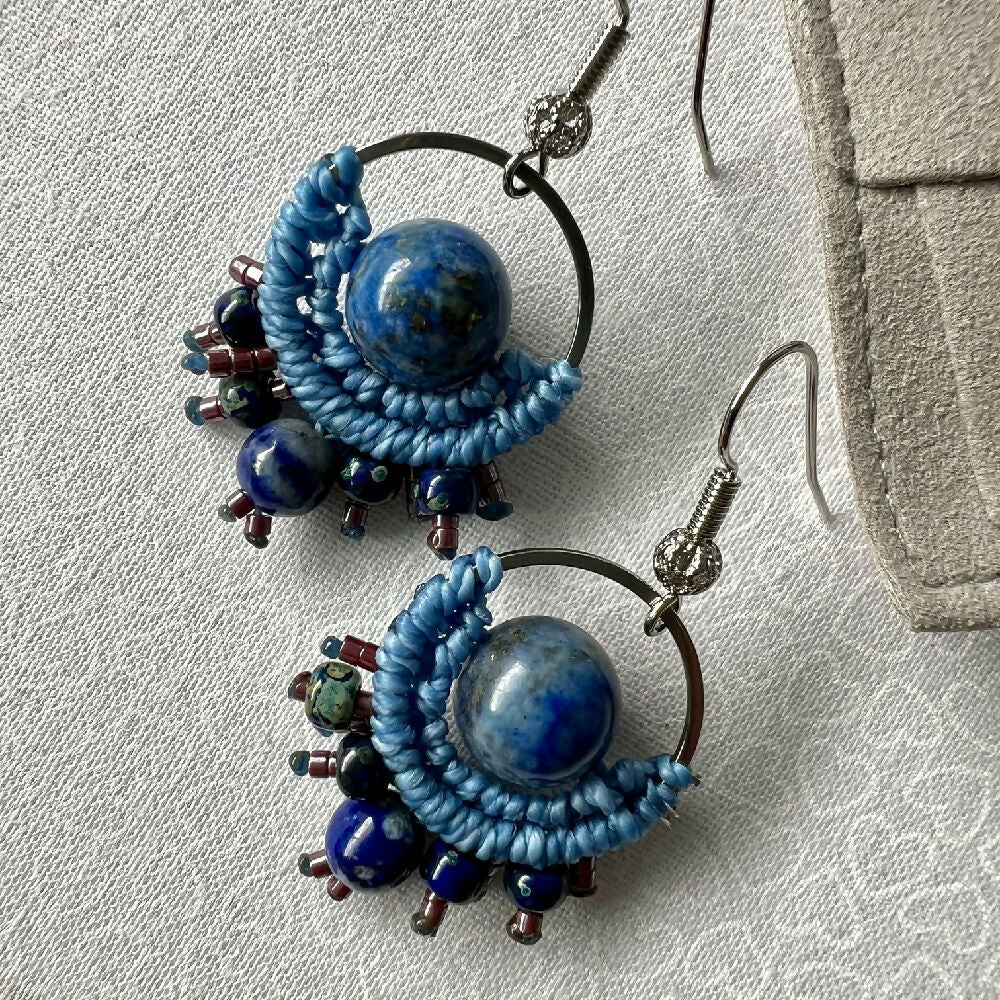 Blue Planet Micro Macrame Earrings - Lapiz Lazuli & Miyuki +Free Microfibre Pouch