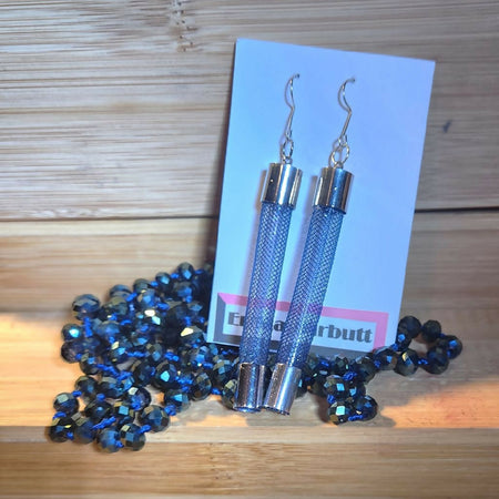 Dangle Earrings, navy nylon mesh tubing with silver end caps,