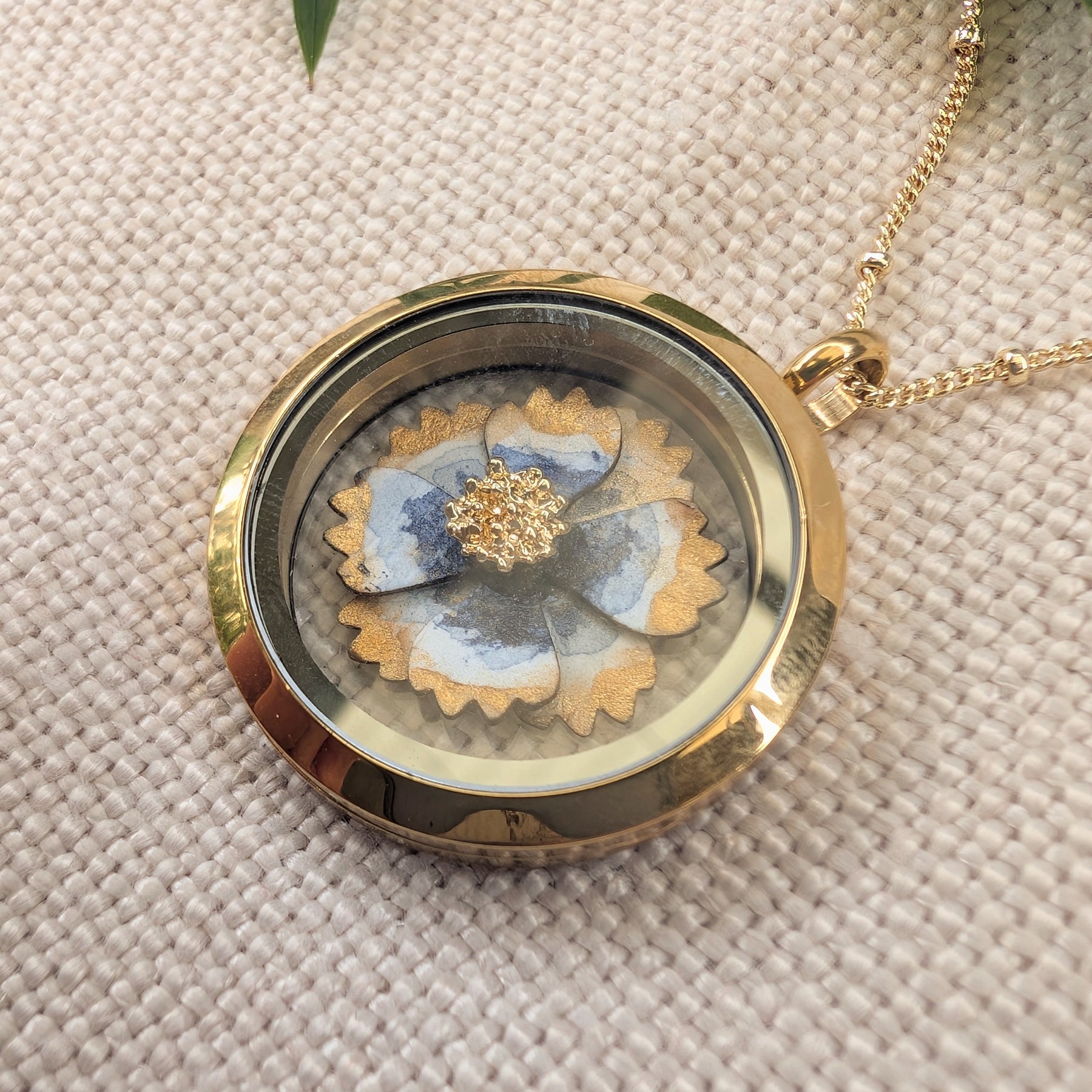 Handmade Watercolour Cosmos Flower Floating Locket Necklace | Gold Botanical Pendant