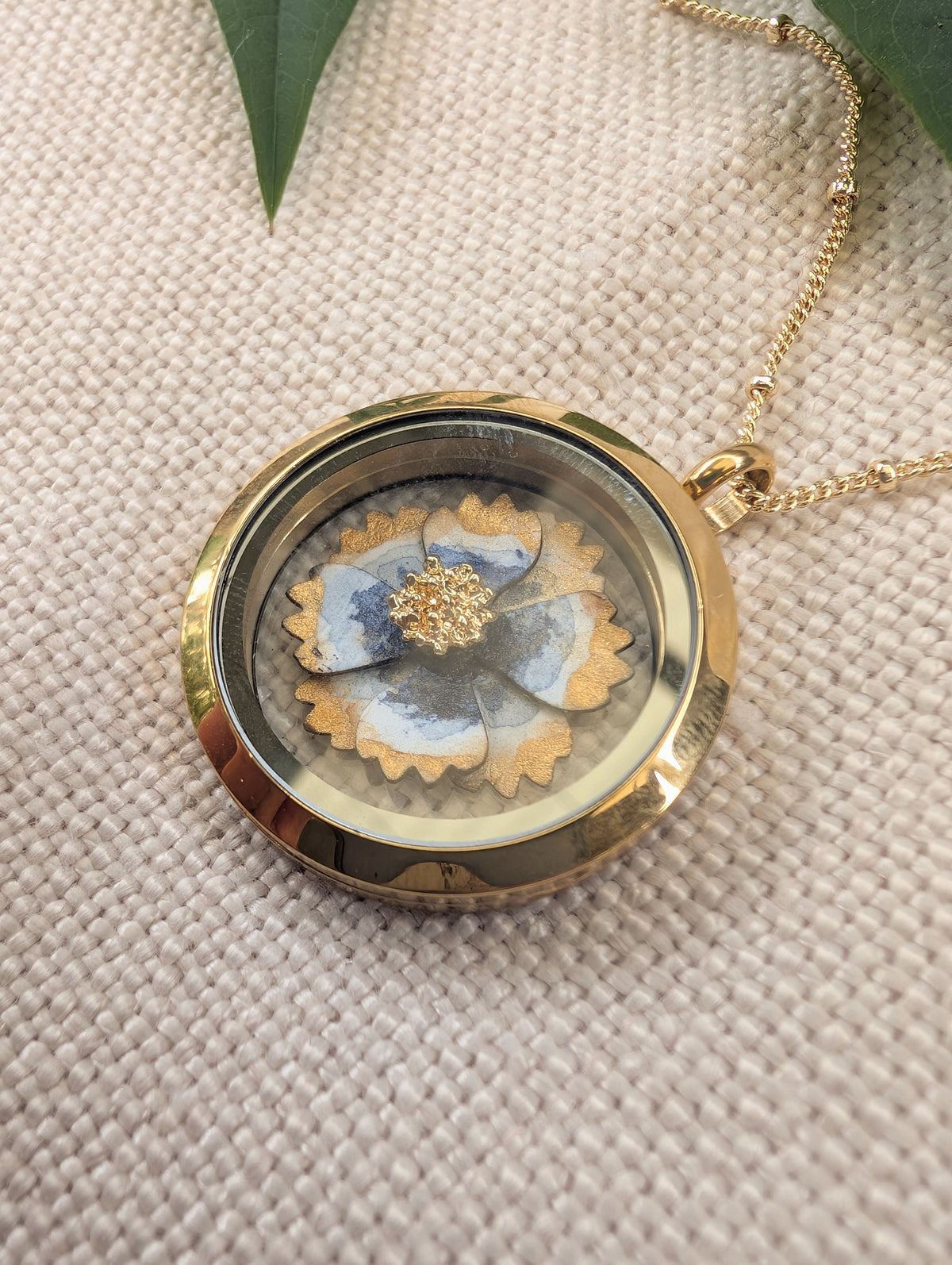 Handmade Watercolour Cosmos Flower Floating Locket Necklace | Gold Botanical Pendant