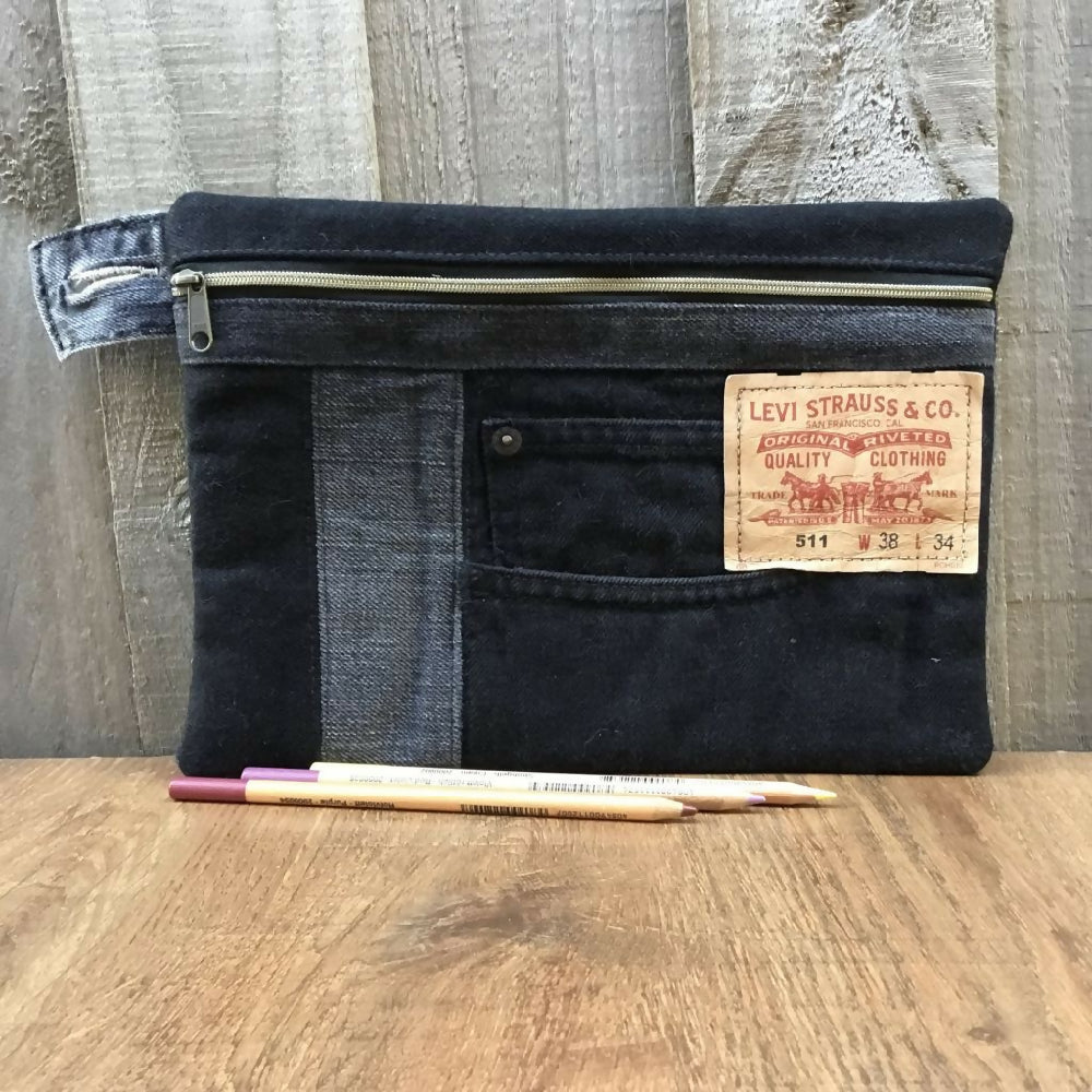 Black Upcycled Denim Pencil Case - Levi Patch