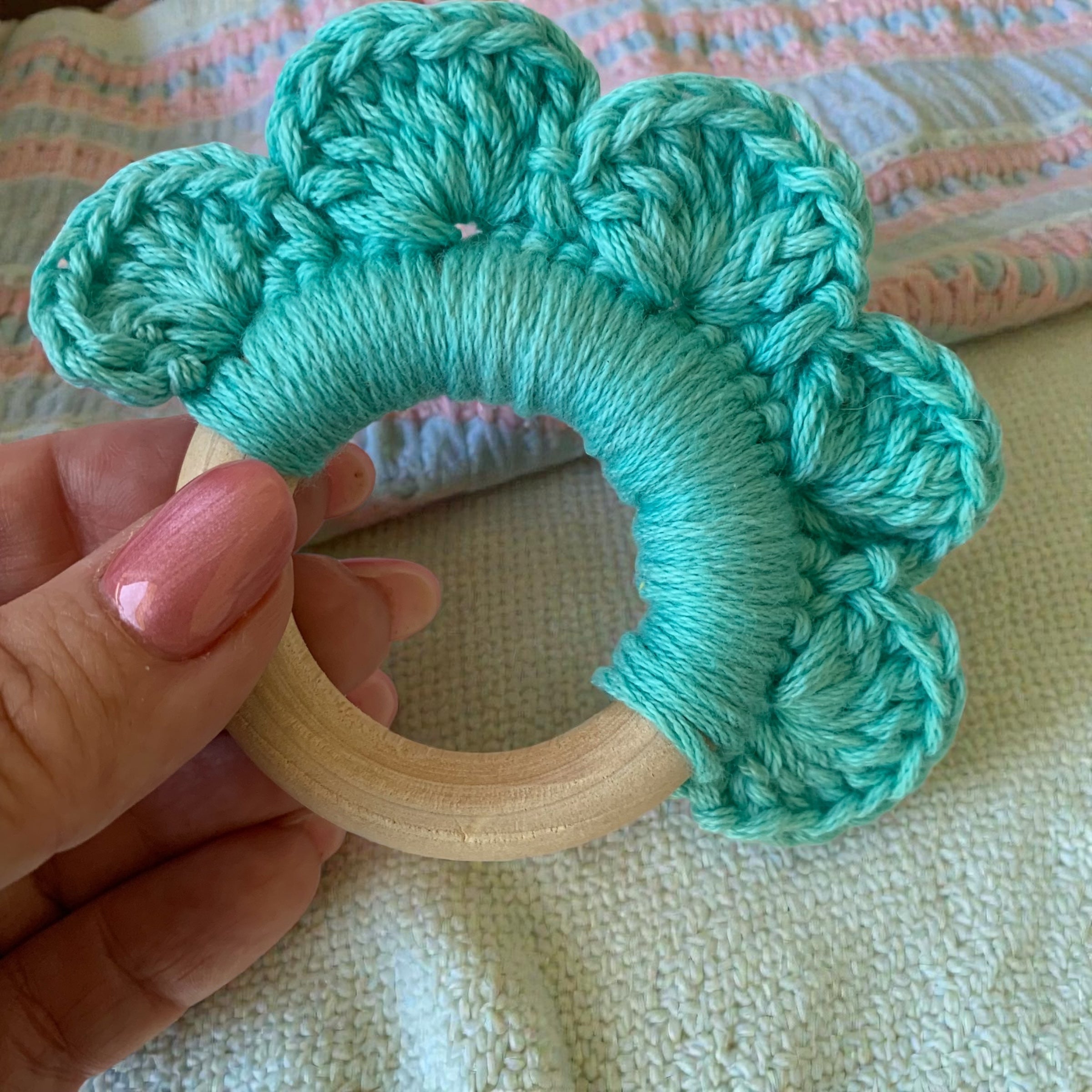 Crochet Wooden Teething Ring – Handmade Baby Teether – Natural Wood & Soft Yarn – Baby Shower Gift