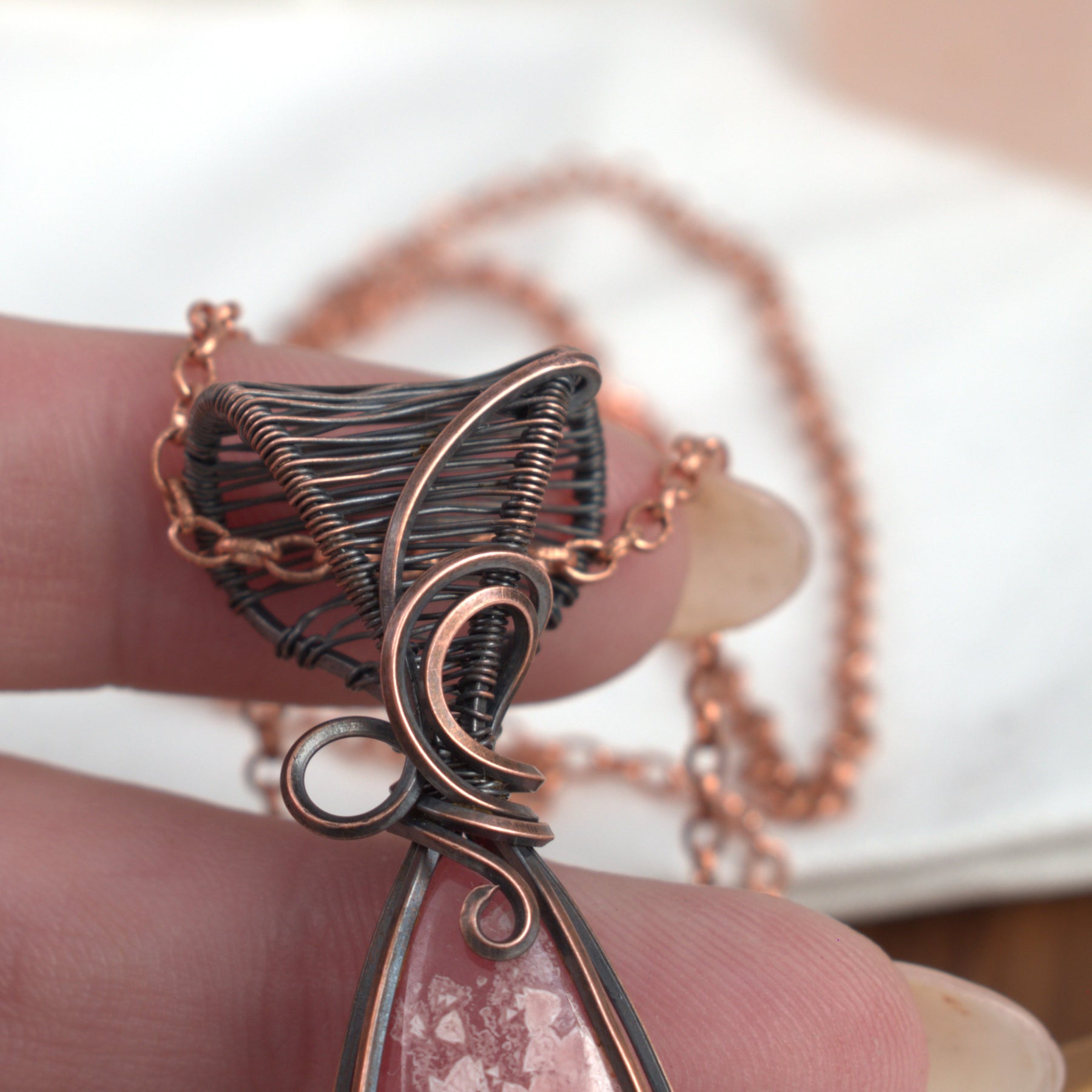 Rhodochrosite Hand-wrapped Copper Pendant - Rose Within