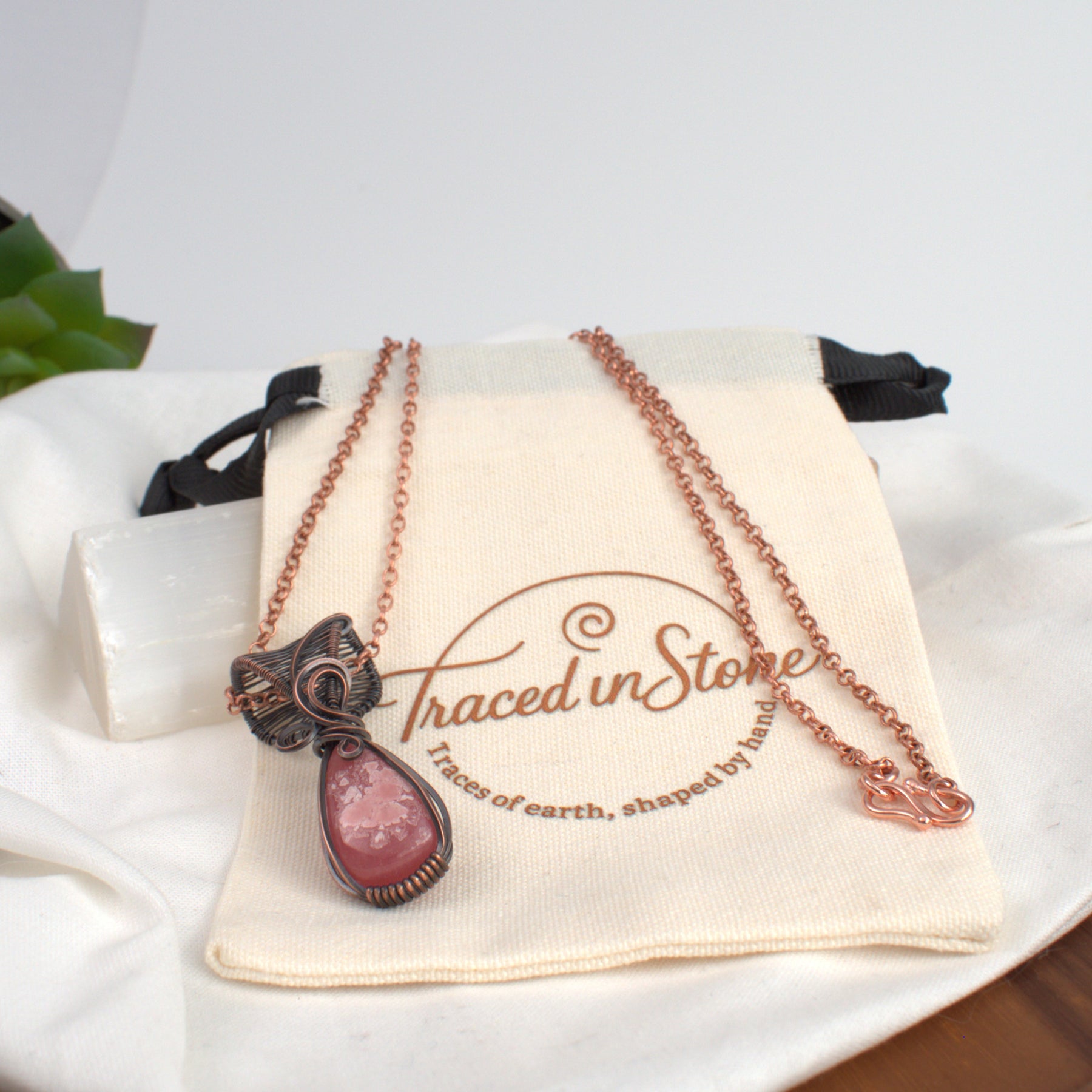 Rhodochrosite Hand-wrapped Copper Pendant - Rose Within