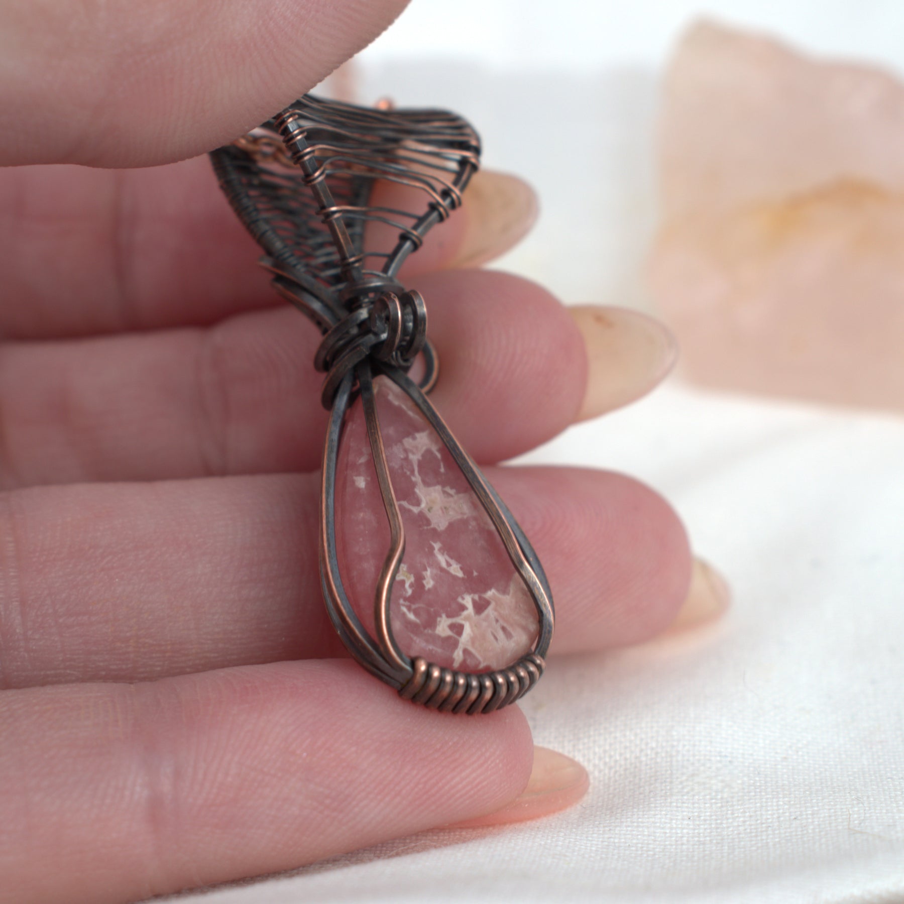 Rhodochrosite Hand-wrapped Copper Pendant - Rose Within