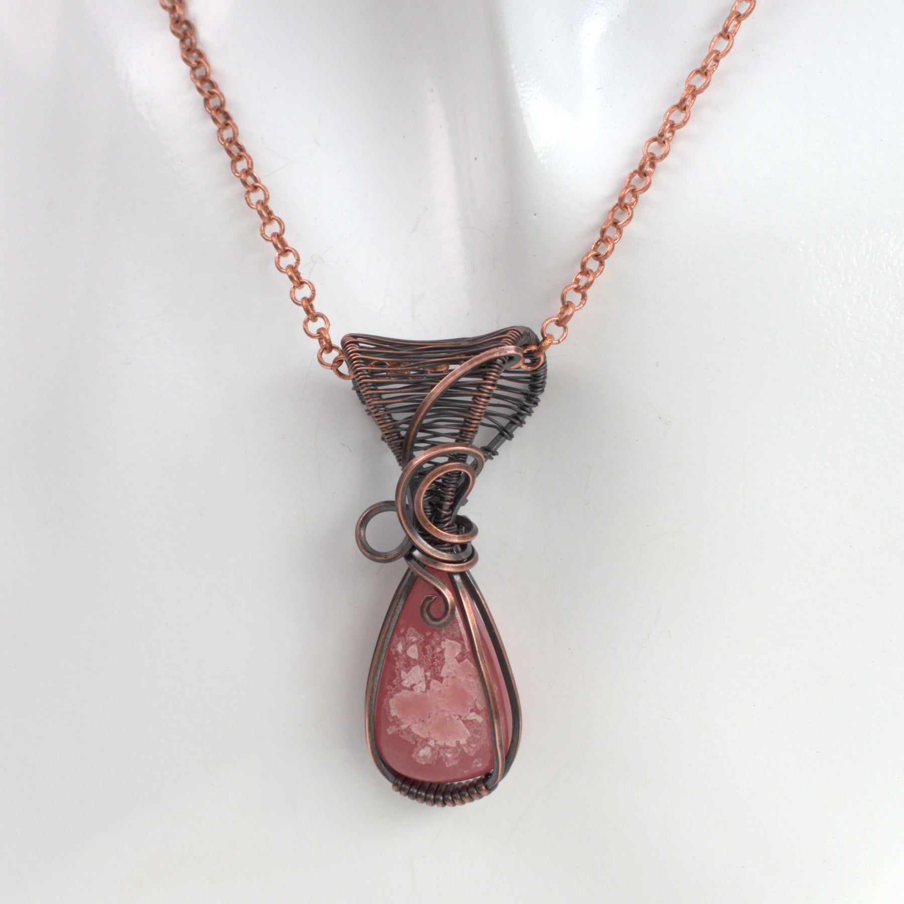 Rhodochrosite Hand-wrapped Copper Pendant - Rose Within