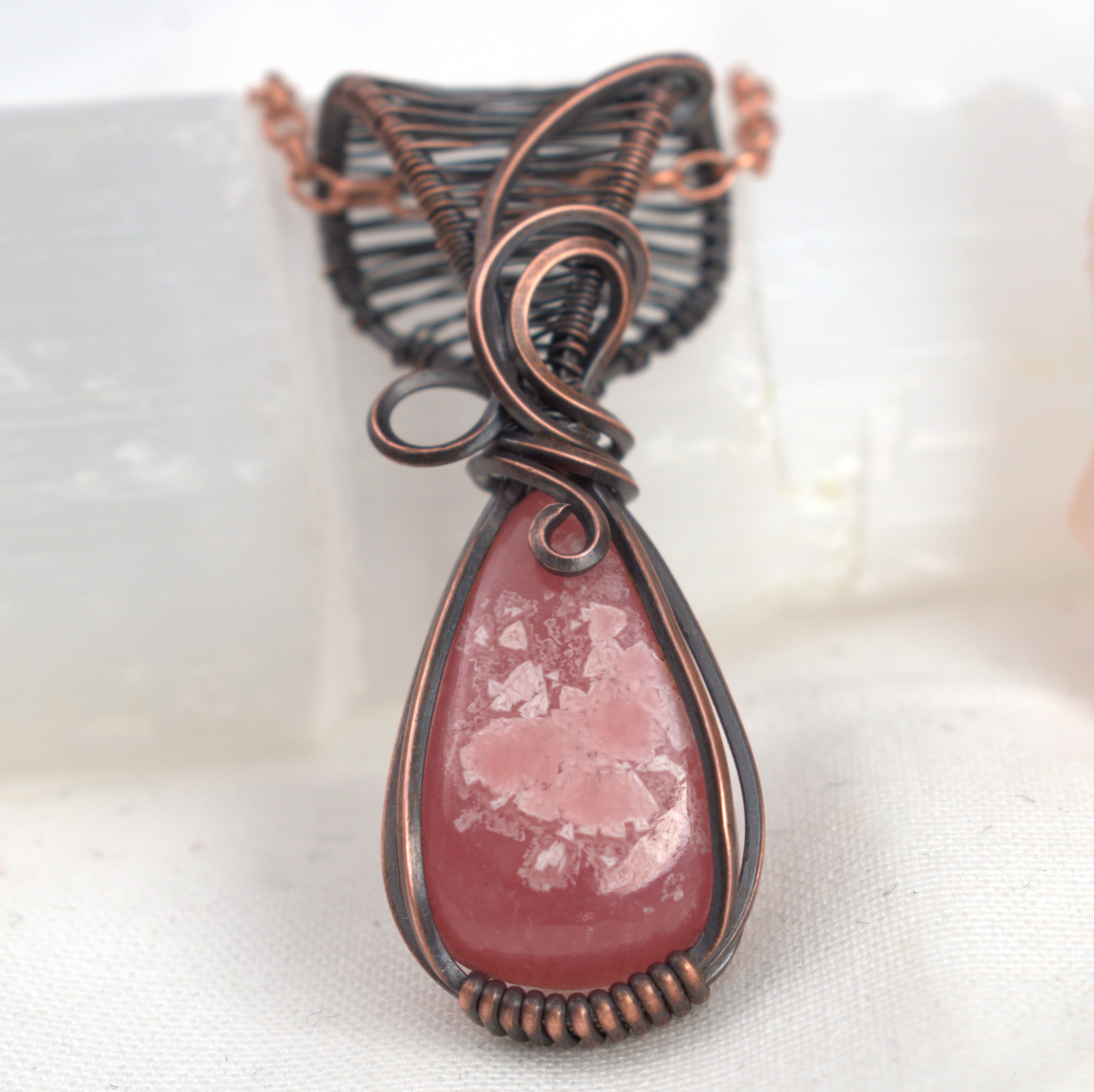 Rhodochrosite Hand-wrapped Copper Pendant - Rose Within