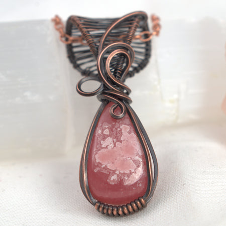 Rhodochrosite Hand-wrapped Copper Pendant - Rose Within