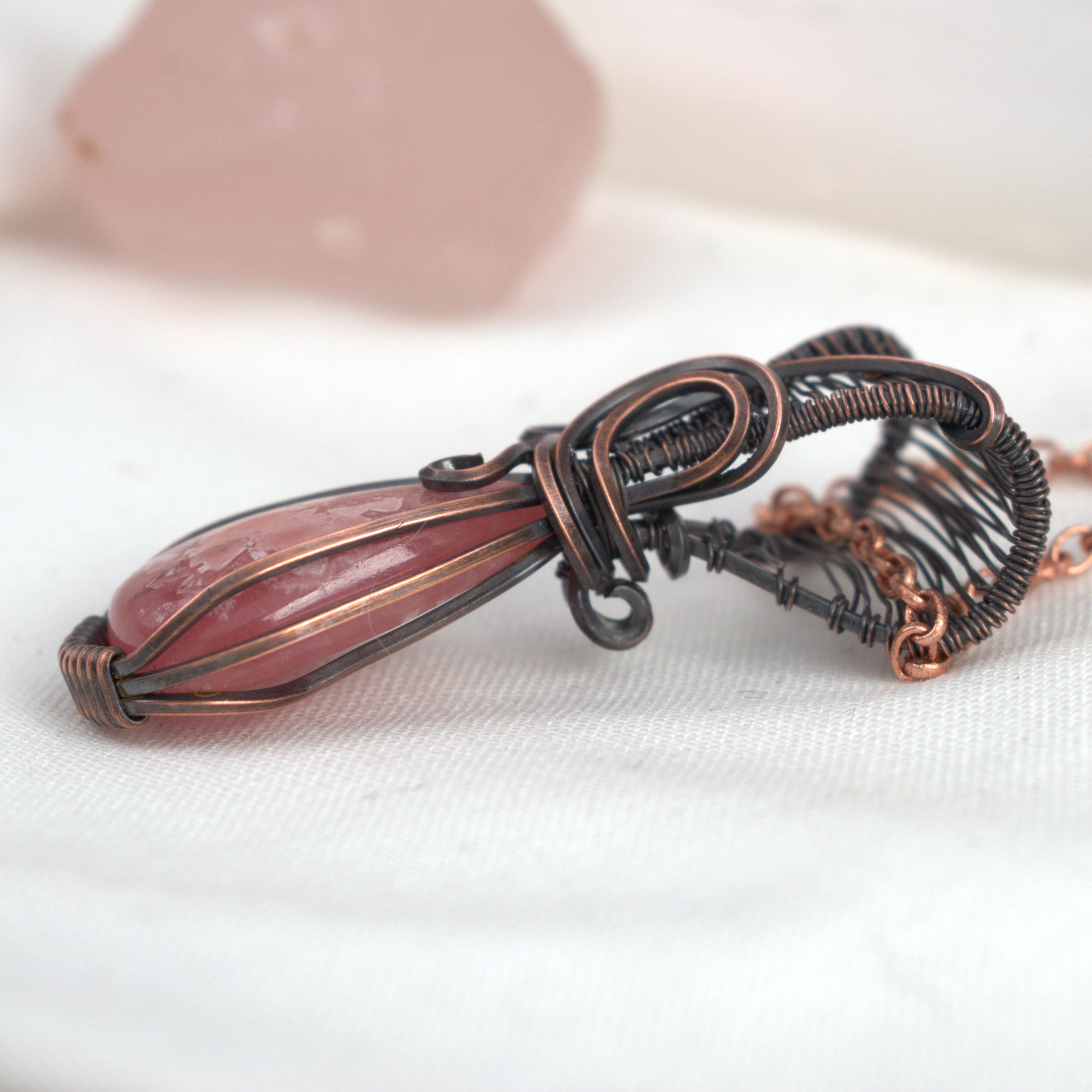 Rhodochrosite Hand-wrapped Copper Pendant - Rose Within
