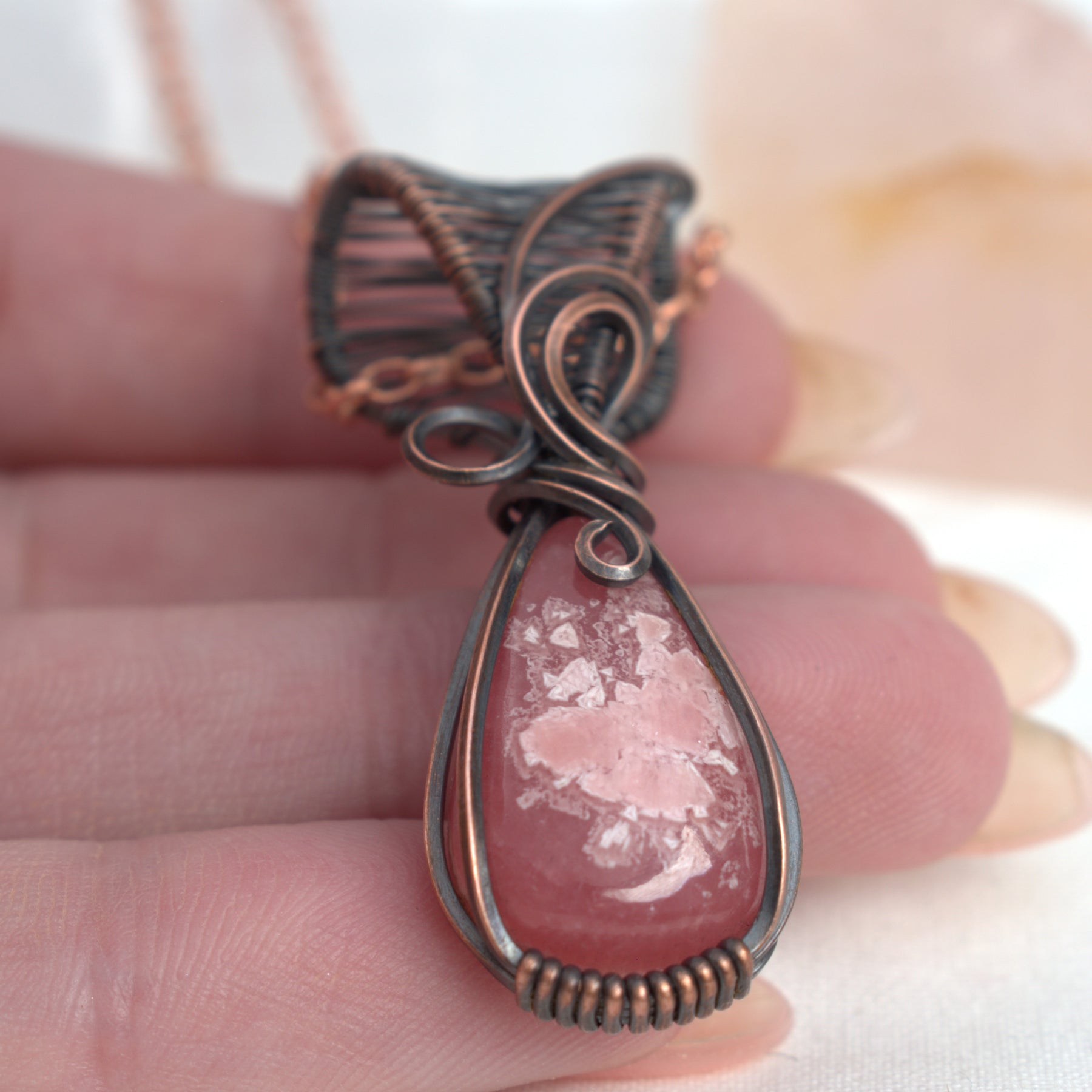 Rhodochrosite Hand-wrapped Copper Pendant - Rose Within