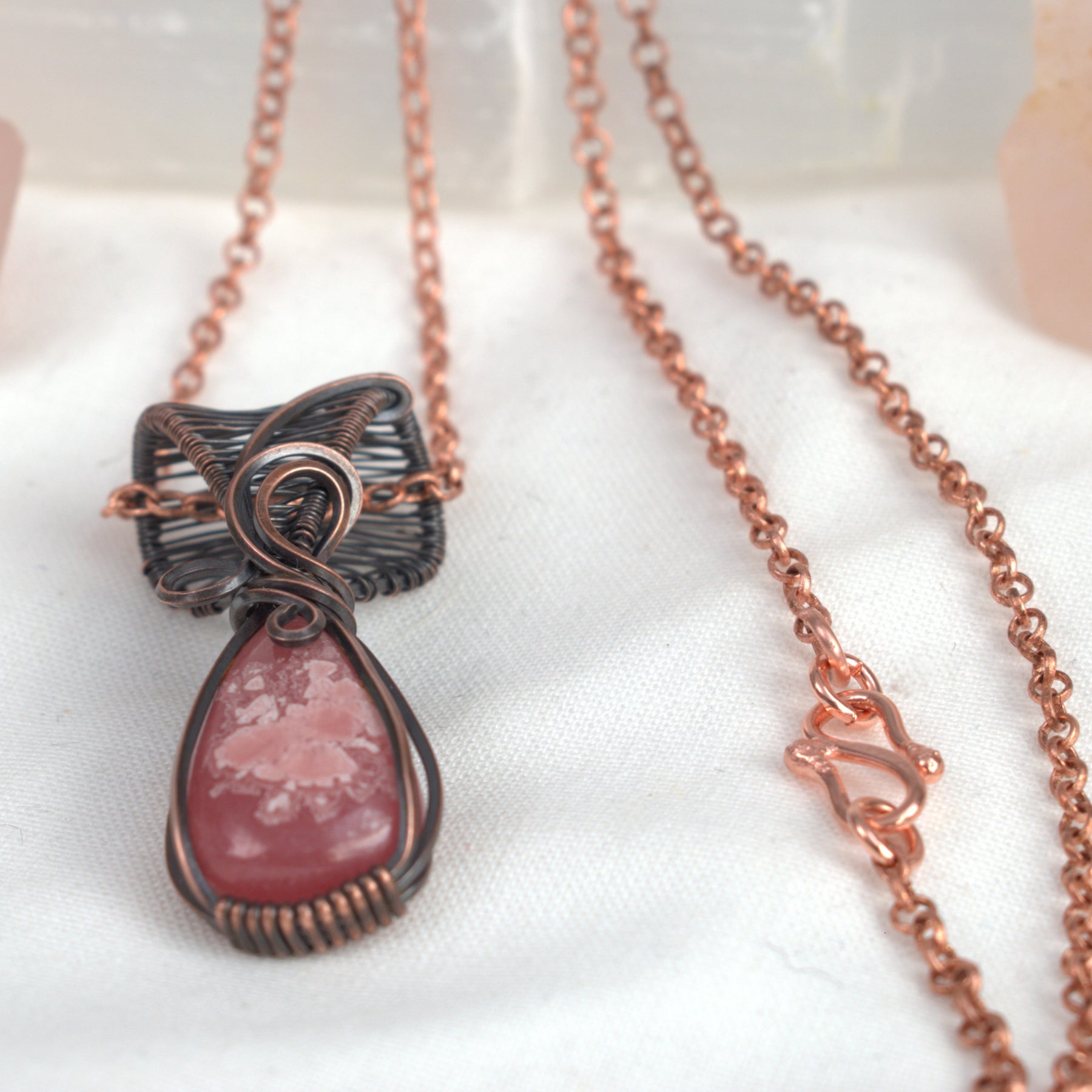 Rhodochrosite Hand-wrapped Copper Pendant - Rose Within
