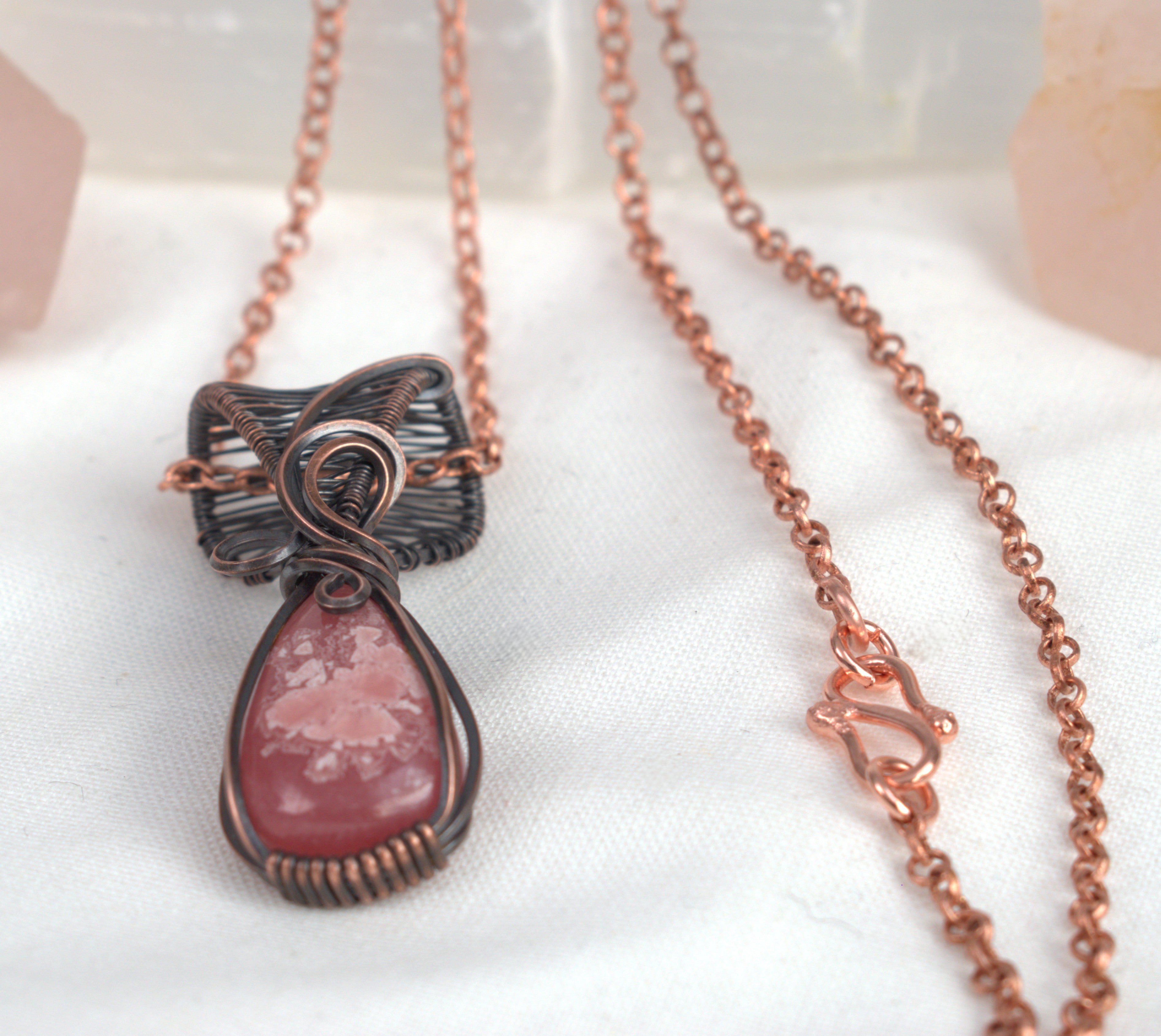 Rhodochrosite Hand-wrapped Copper Pendant - Rose Within