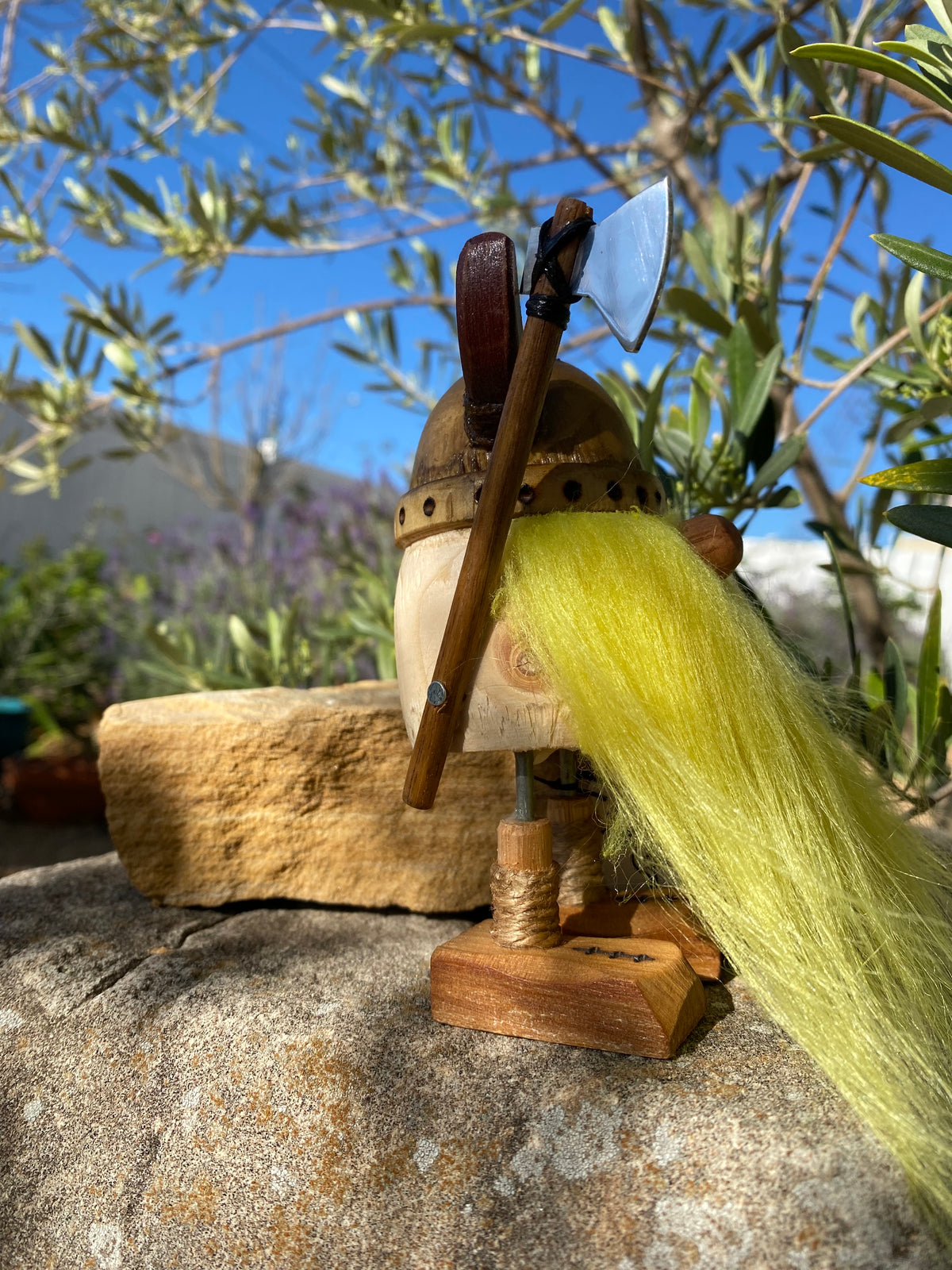 Handmade Wooden Viking Figure with Yellow Beard – Recycled Australian Timber Decor