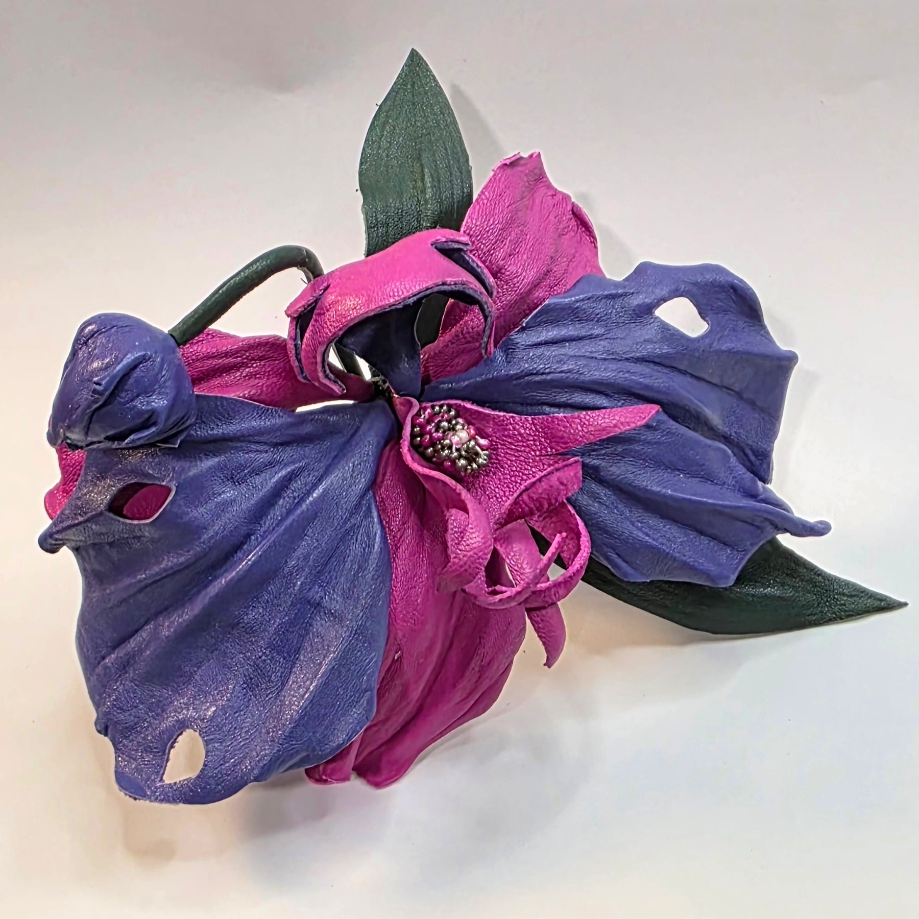 Leather Orchid “Midnight Bloom”, Flower Brooch, hair hat  clip, corsage