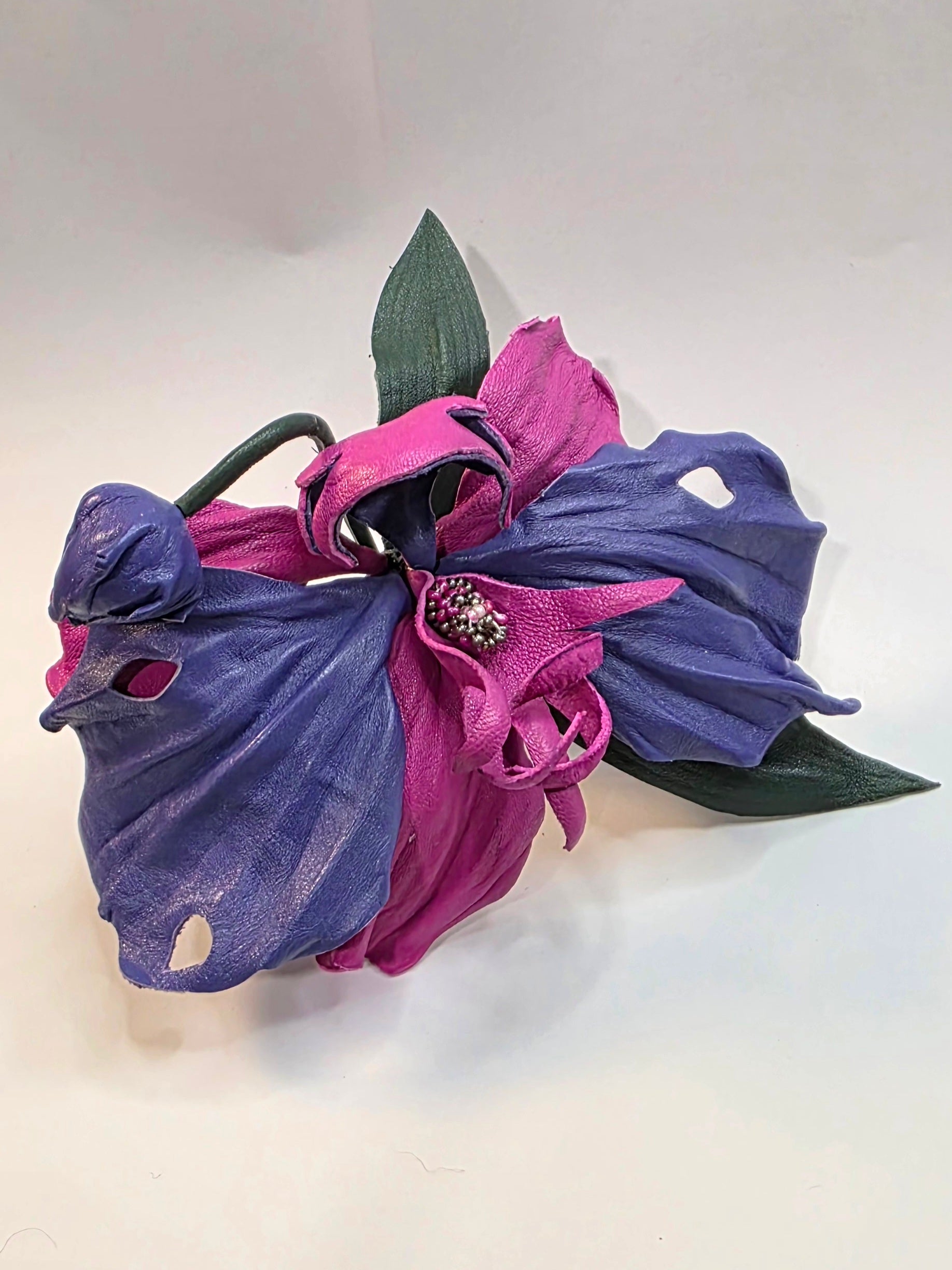 Leather Orchid “Midnight Bloom”, Flower Brooch, hair hat  clip, corsage