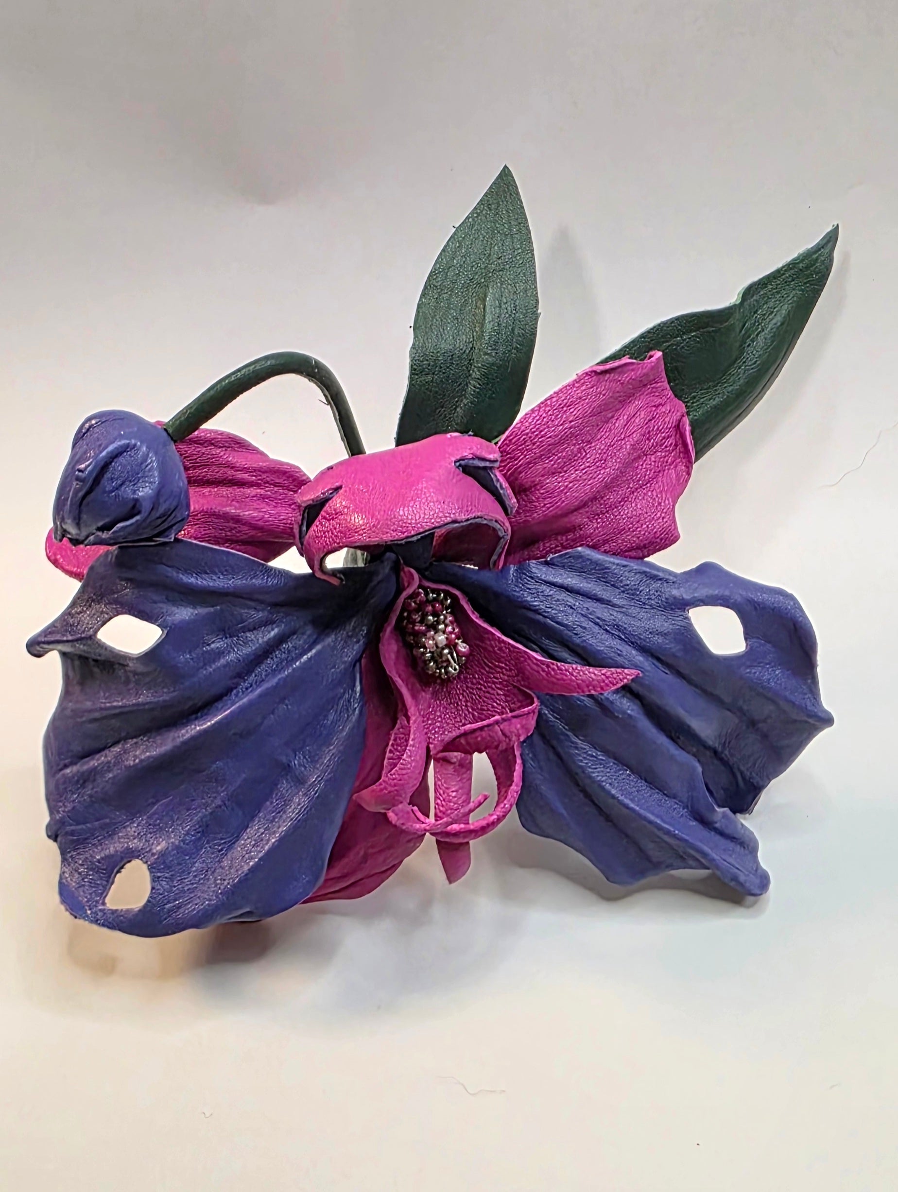 Leather Orchid “Midnight Bloom”, Flower Brooch, hair clip, corsage