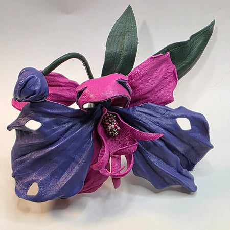Leather Orchid “Midnight Bloom”, Flower Brooch, hair hat  clip, corsage