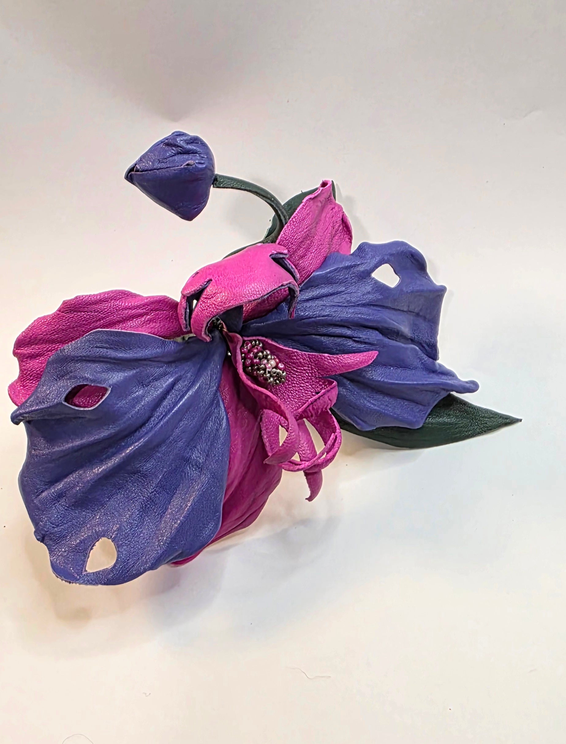 Leather Orchid “Midnight Bloom”, Flower Brooch, hair hat  clip, corsage