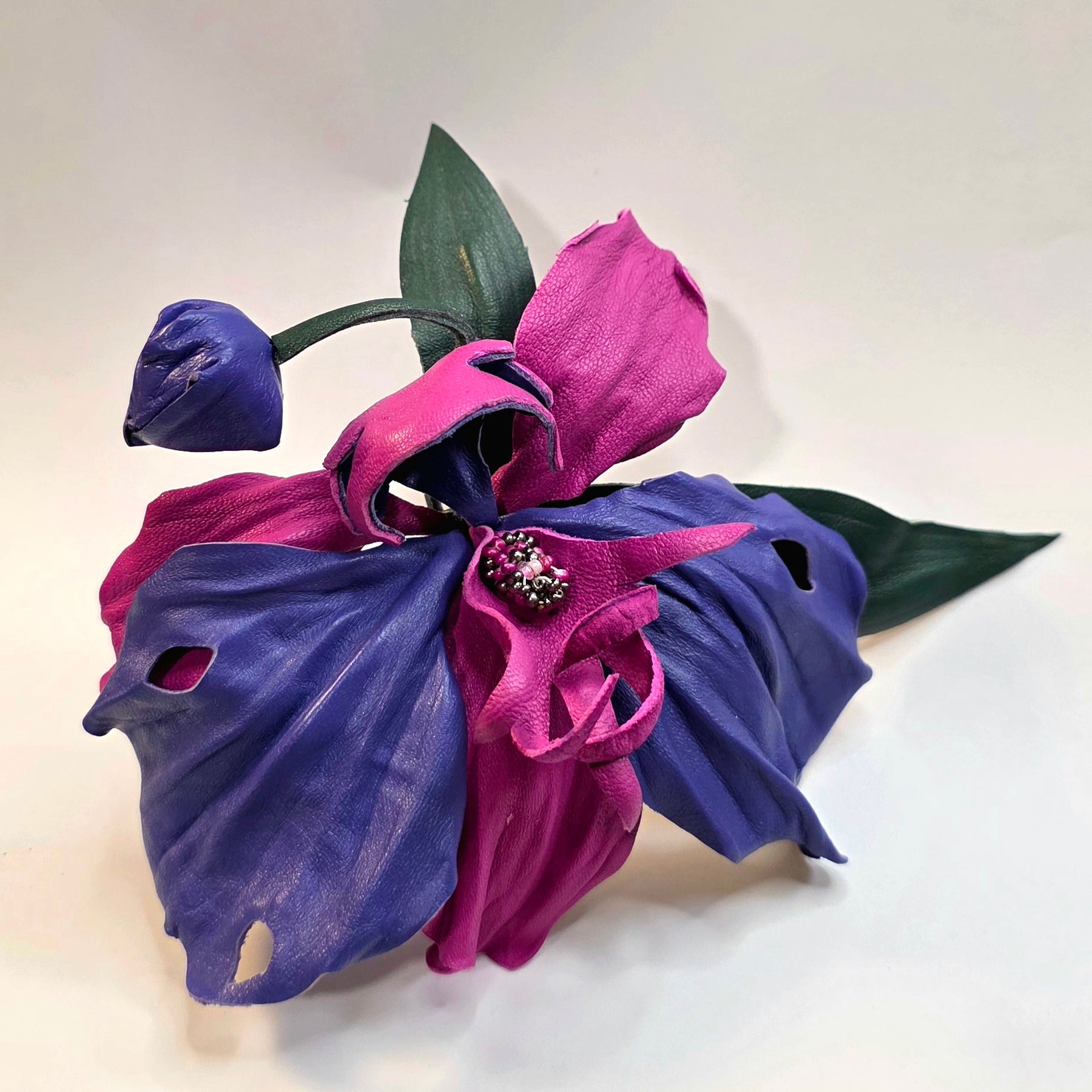 Leather Orchid “Midnight Bloom”, Flower Brooch, hair hat  clip, corsage