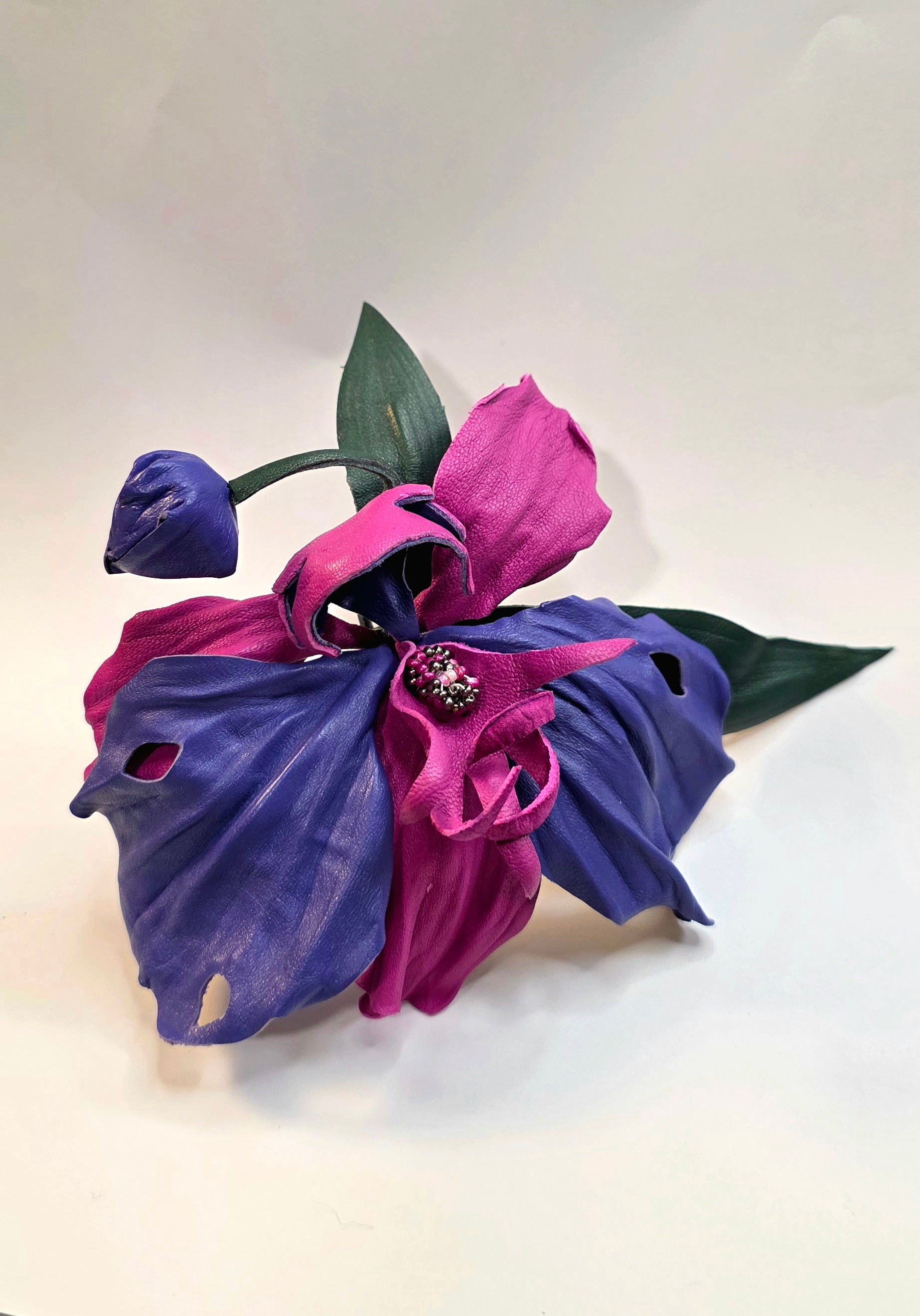 Leather Orchid “Midnight Bloom”, Flower Brooch, hair hat  clip, corsage