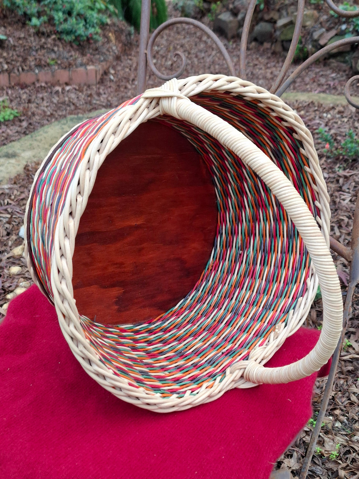 Large Round Market Basket orang, green, black, red, and natural.
