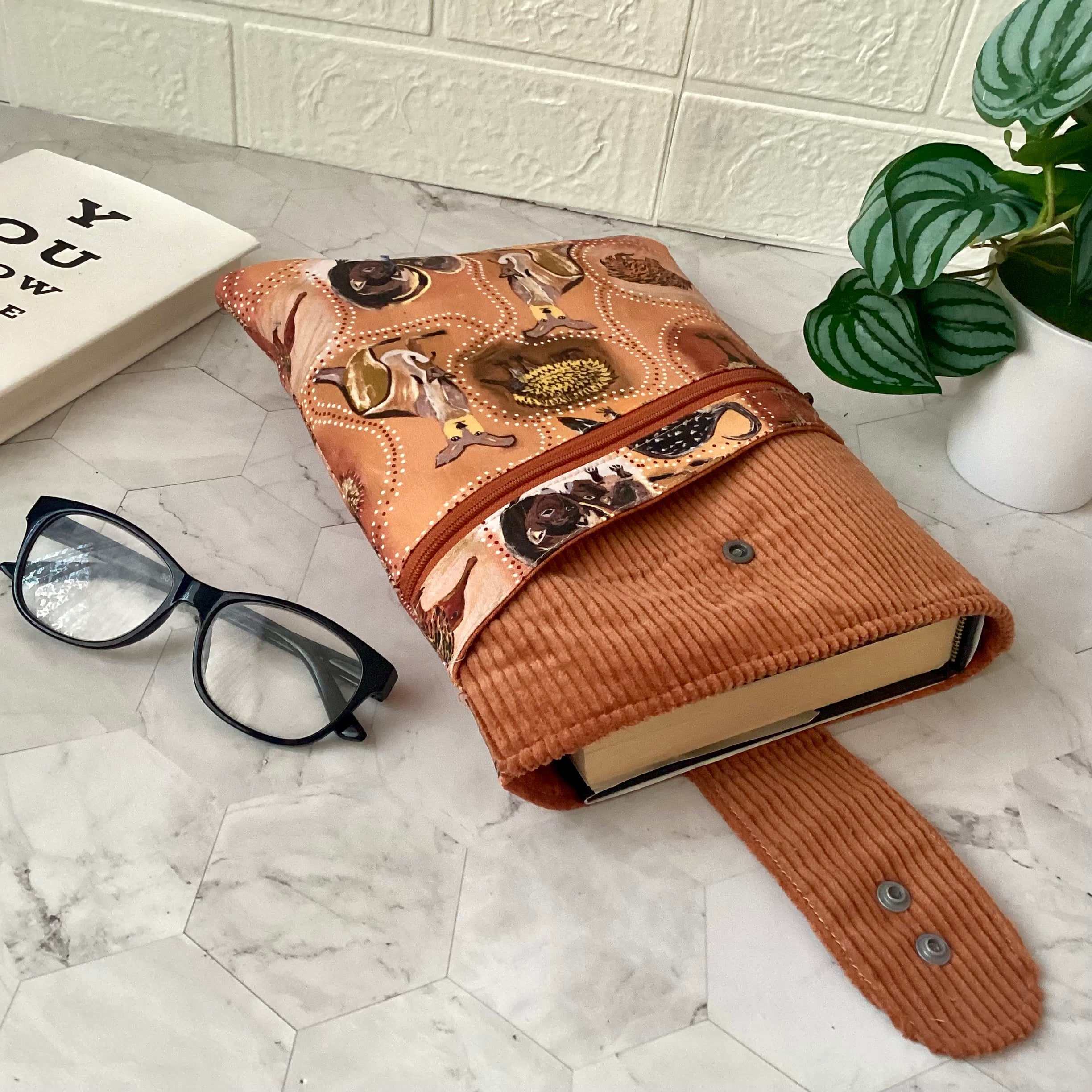 Indigenous Animals fabric book sleeve with 2 pockets. iPad, tablet pouch