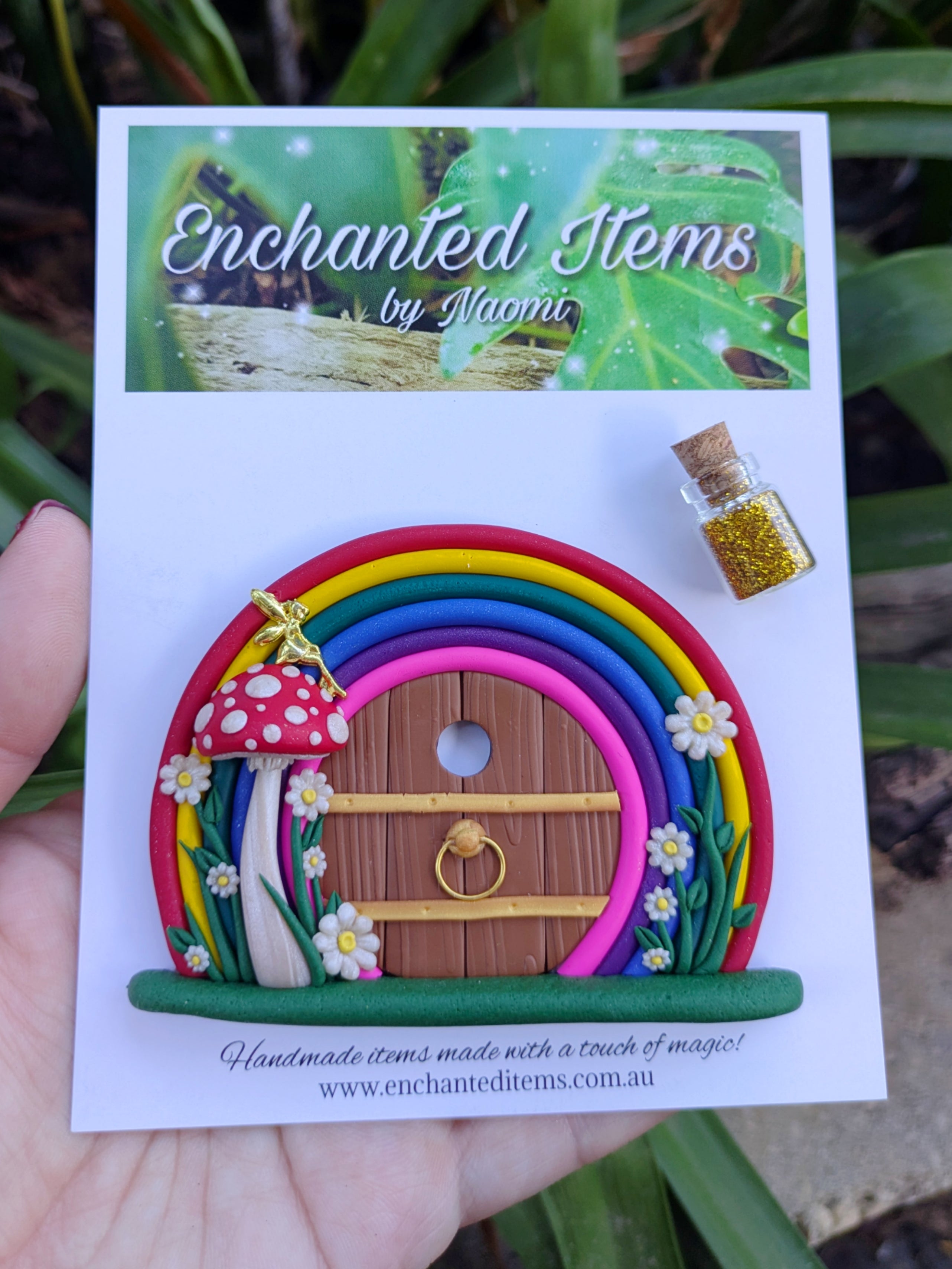 Mini Rainbow Fairy Door with Golden Fairy on Red Mushroom