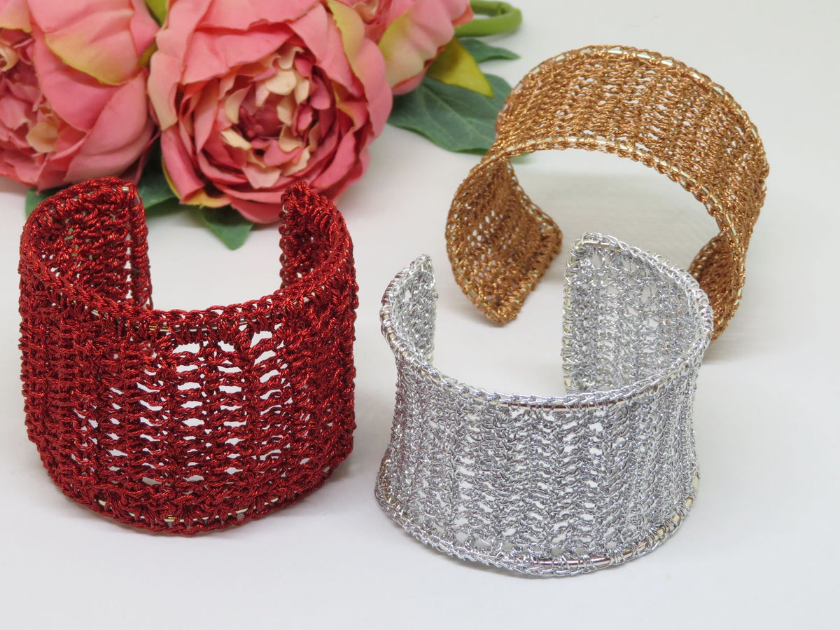 Bespoke Handmade Copper Crochet Shimmer Thread Cuff Bracelet