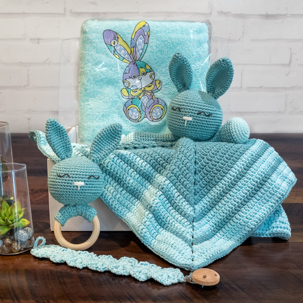 Baby Lovey / Comforter Sets - Lovey, Rattle, Bath Towel, Pacifier Clip