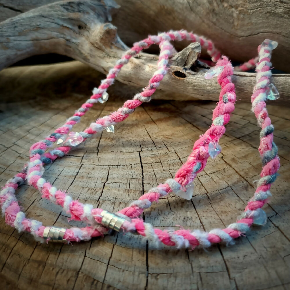 handmade artisan sustainable jewellery boho wrap necklace pink white