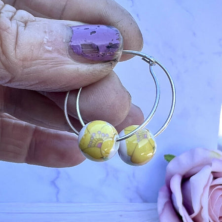 Silver Hoop Earrings w/ Ceramic Beads.