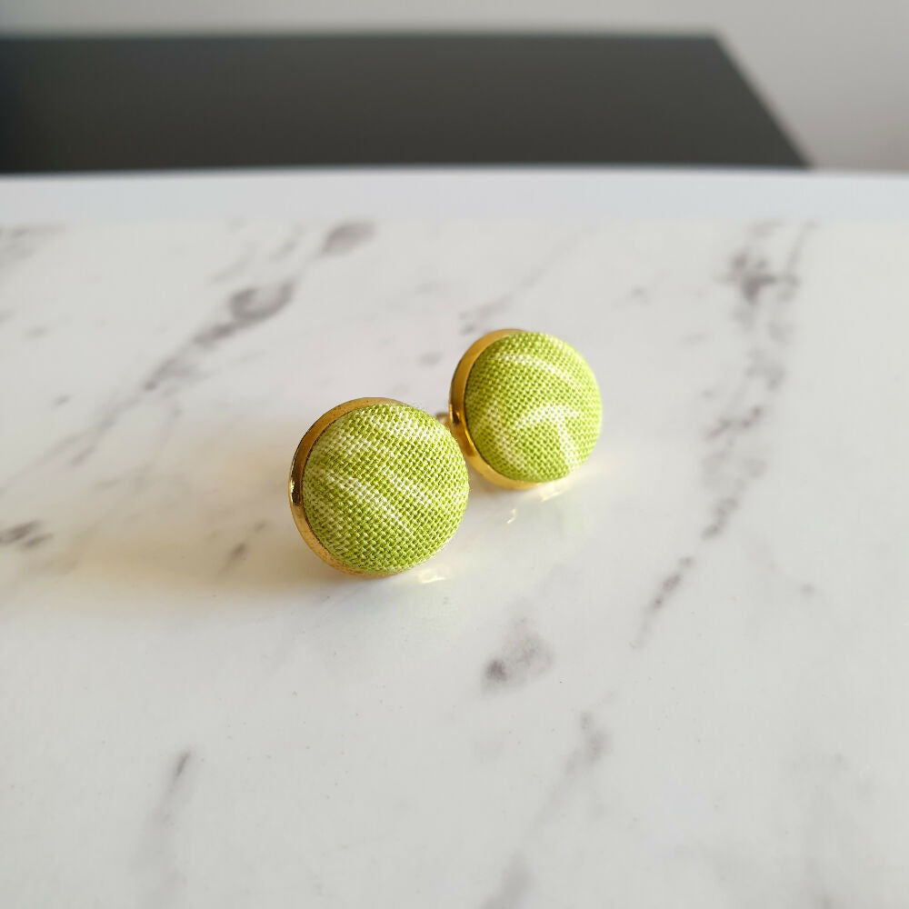 1.4cm Round Yellow Green Plants cotton fabric Cabochon stud earrings