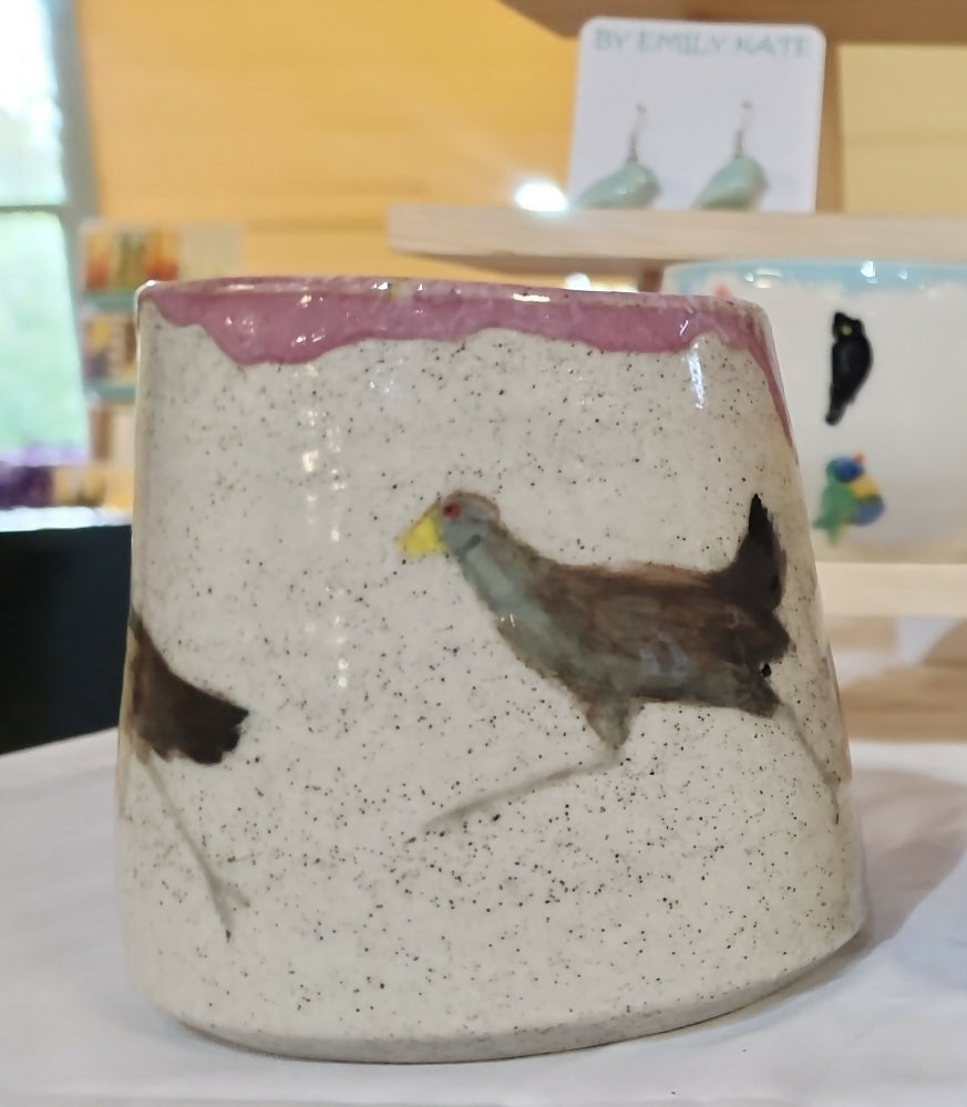 turbo chook (Tasmanian native hen) speckled mug with pink glaze
