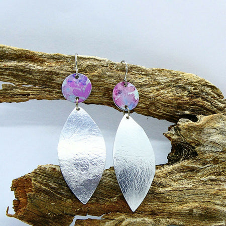 Printed, dyed and leaf textured anodised aluminium earrings