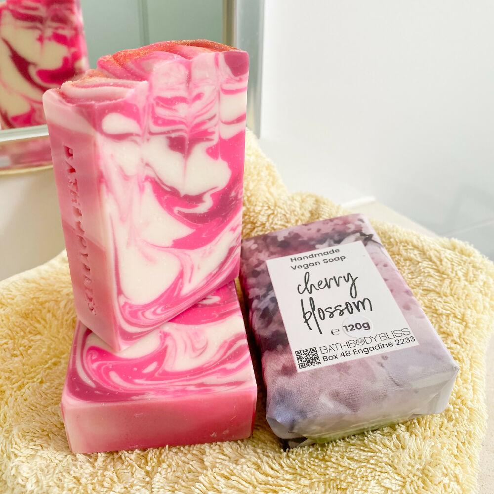 Handmade Natural Soap Cherry Blossom Scent on handtowel