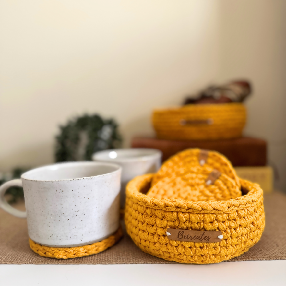 Coasters-crochet-handmade-mustard-with-basket