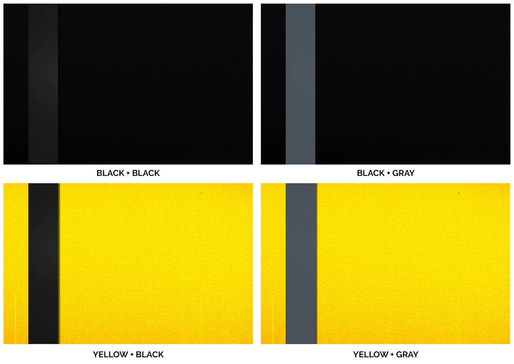 four colourways: black + black, black + gray, yellow + blalck, yellow + gray.