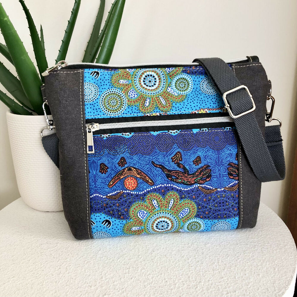 Cross Body Handbag in Grey Canvas and Blue Indigenous Fabric