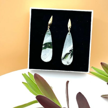 Handmade Green and White Marbled Teardrop Earrings – Gold Plated, Sale