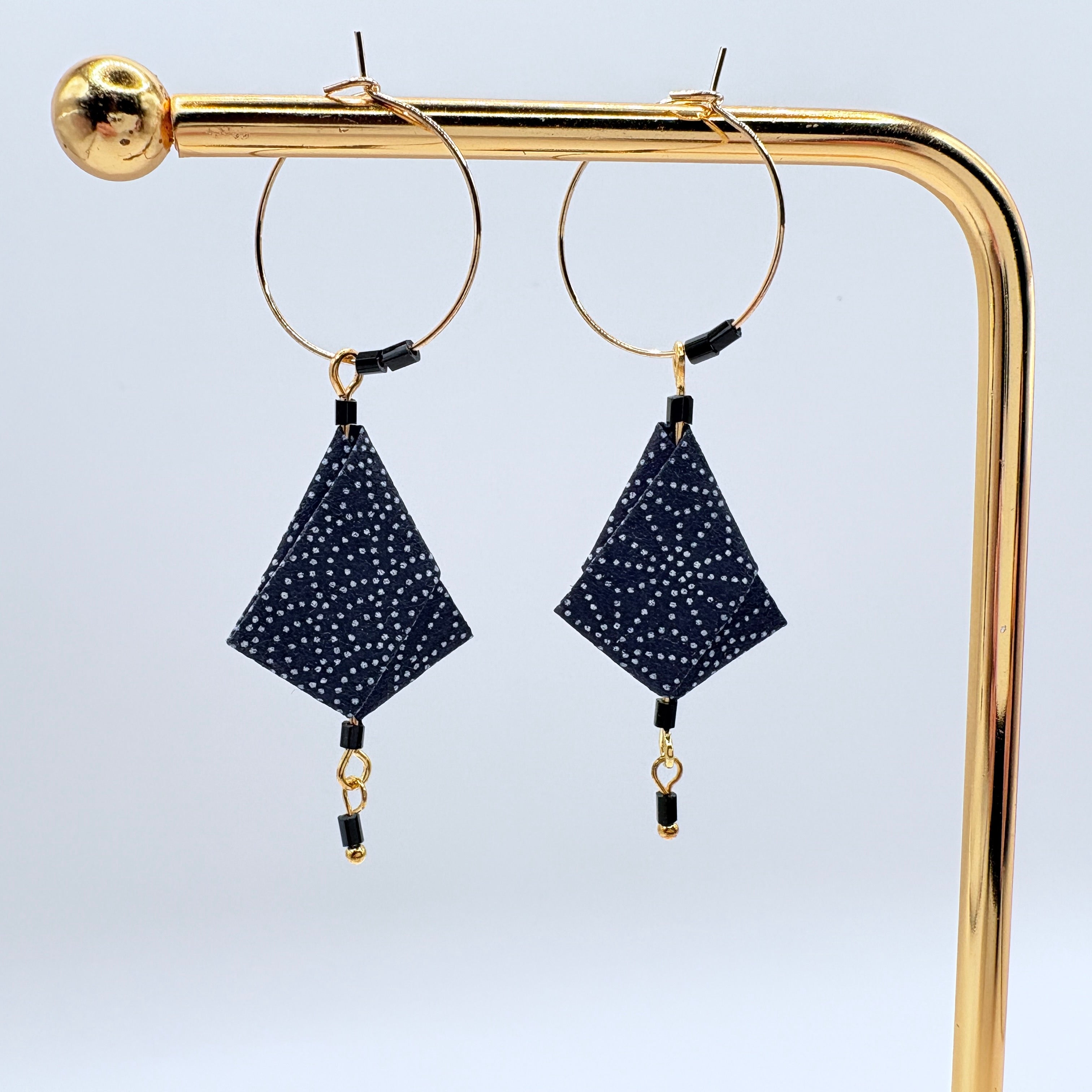 Blue Wagara Origami Earrings – Indigo Japanese Chiyo Paper with traditional geometric patterns