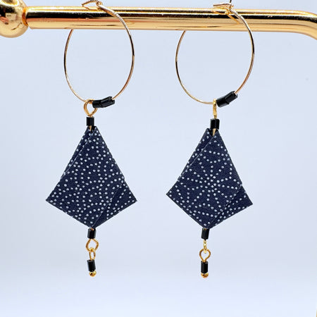 Blue Wagara Origami Earrings – Indigo Japanese Chiyo Paper with traditional geometric patterns