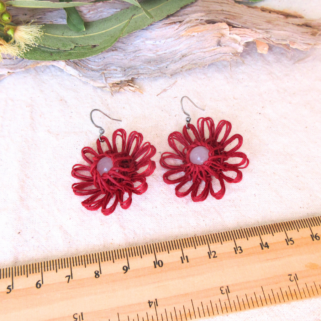 Heart Bloom | Red Handmade Flower Earrings with Choice of Gemstone | Woven Bloom Tales Collection