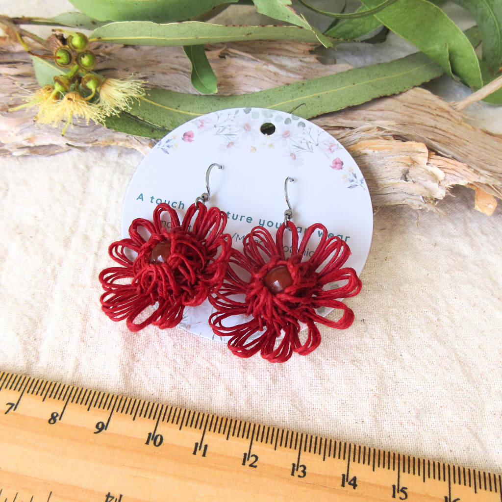 Heart Bloom | Red Handmade Flower Earrings with Choice of Gemstone | Woven Bloom Tales Collection