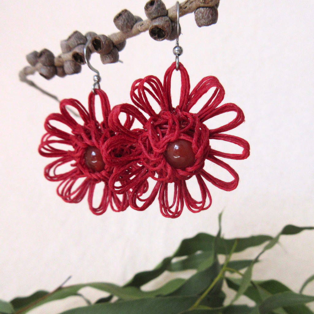 Heart Bloom | Red Handmade Flower Earrings with Choice of Gemstone | Woven Bloom Tales Collection