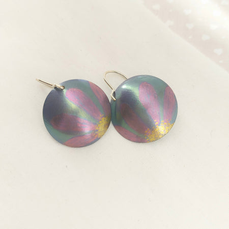 Titanium Domed Dangles- Flower Design  Soft Teal and Pink