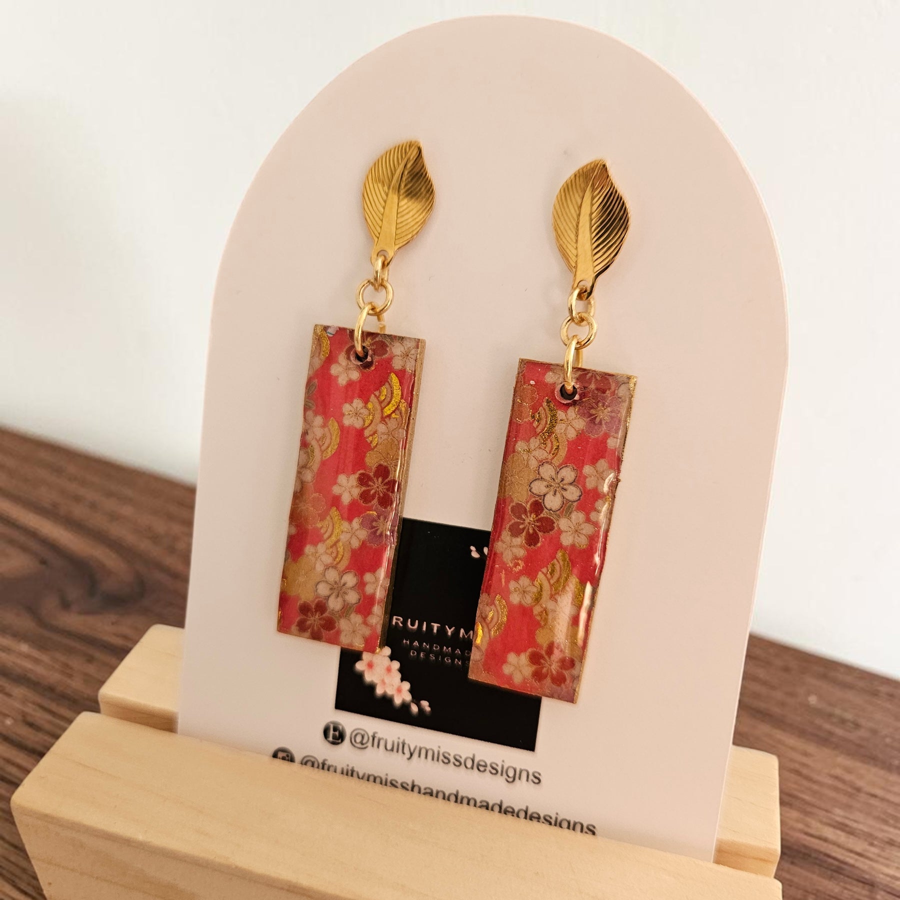 Unique Japanese Chiyogami Paper Earrings - Deep Pink Gold White Floral