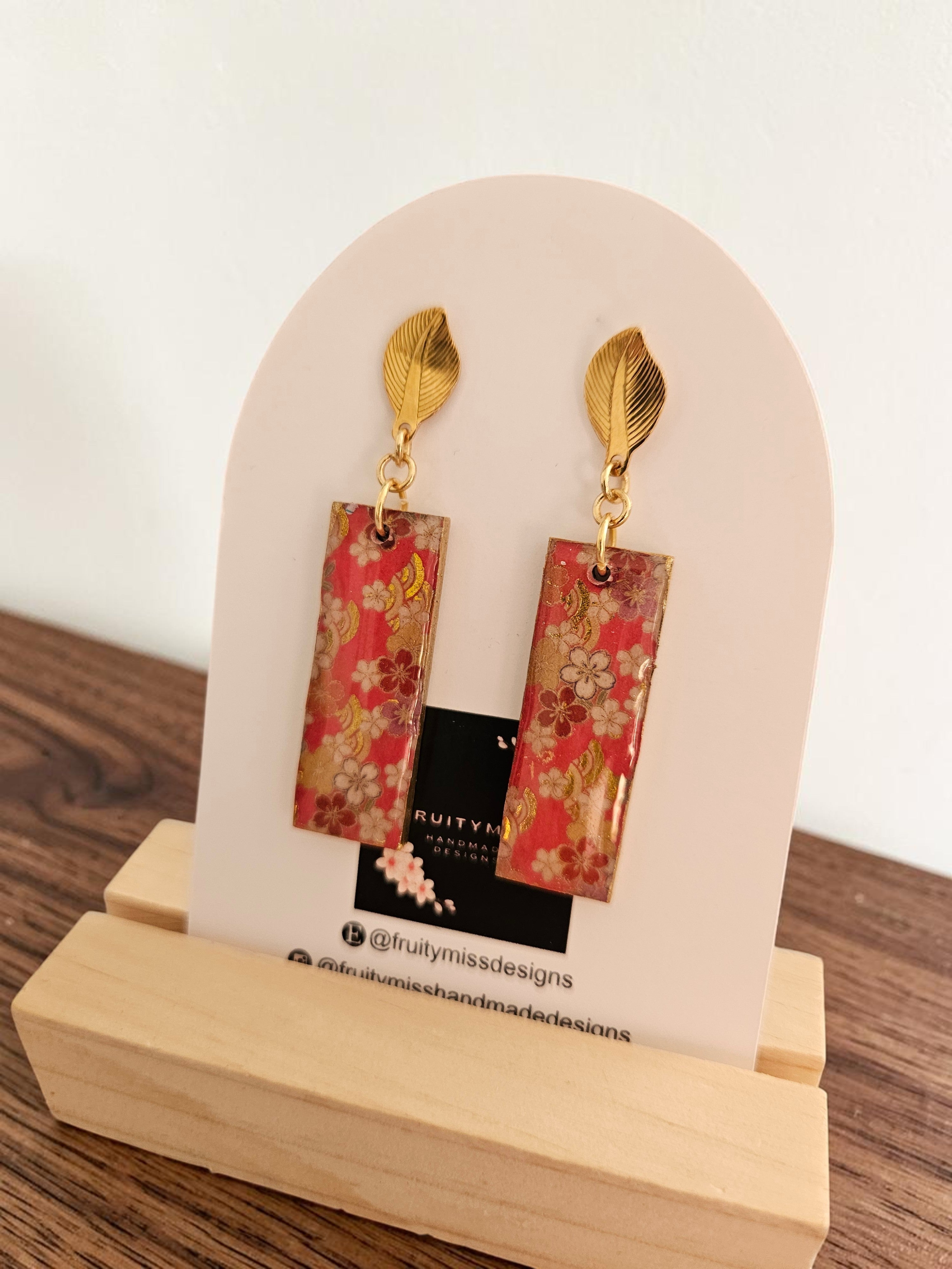 Unique Japanese Chiyogami Paper Earrings - Deep Pink Gold White Floral