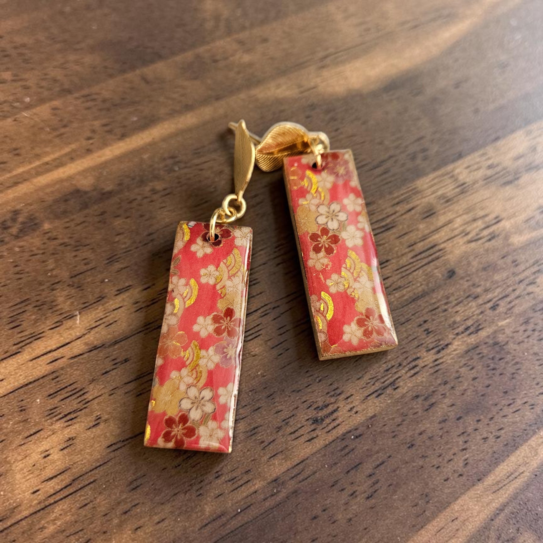 Unique Japanese Chiyogami Paper Earrings - Deep Pink Gold White Floral